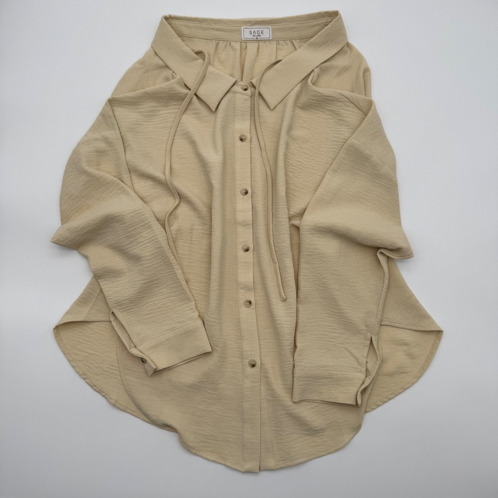 Sage The‎ Label Womens Beige Tan Textured Button Down Blouse Tie Neck XS